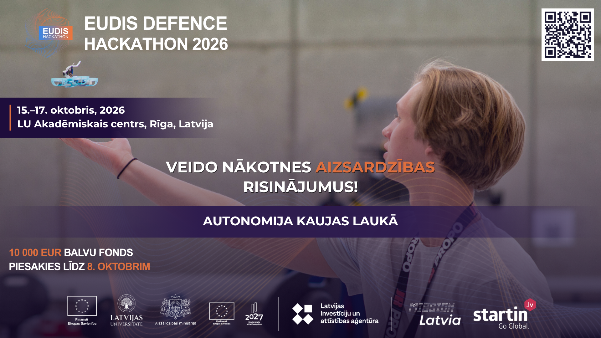 Vizualizācija, plakāts hakatonam “Defence Hackathon 2026 Latvia”