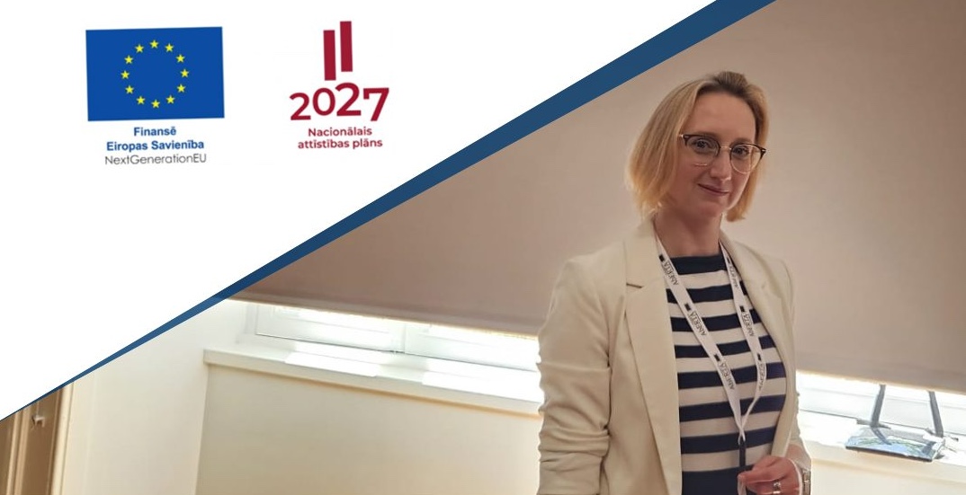 Raksta titulbilde: Profesore Natālija Cudečka-Puriņa piedalās konferencē. Eiropas Savienības un Latvijas Nacionālā attīstības plāna 2027 logotipi.